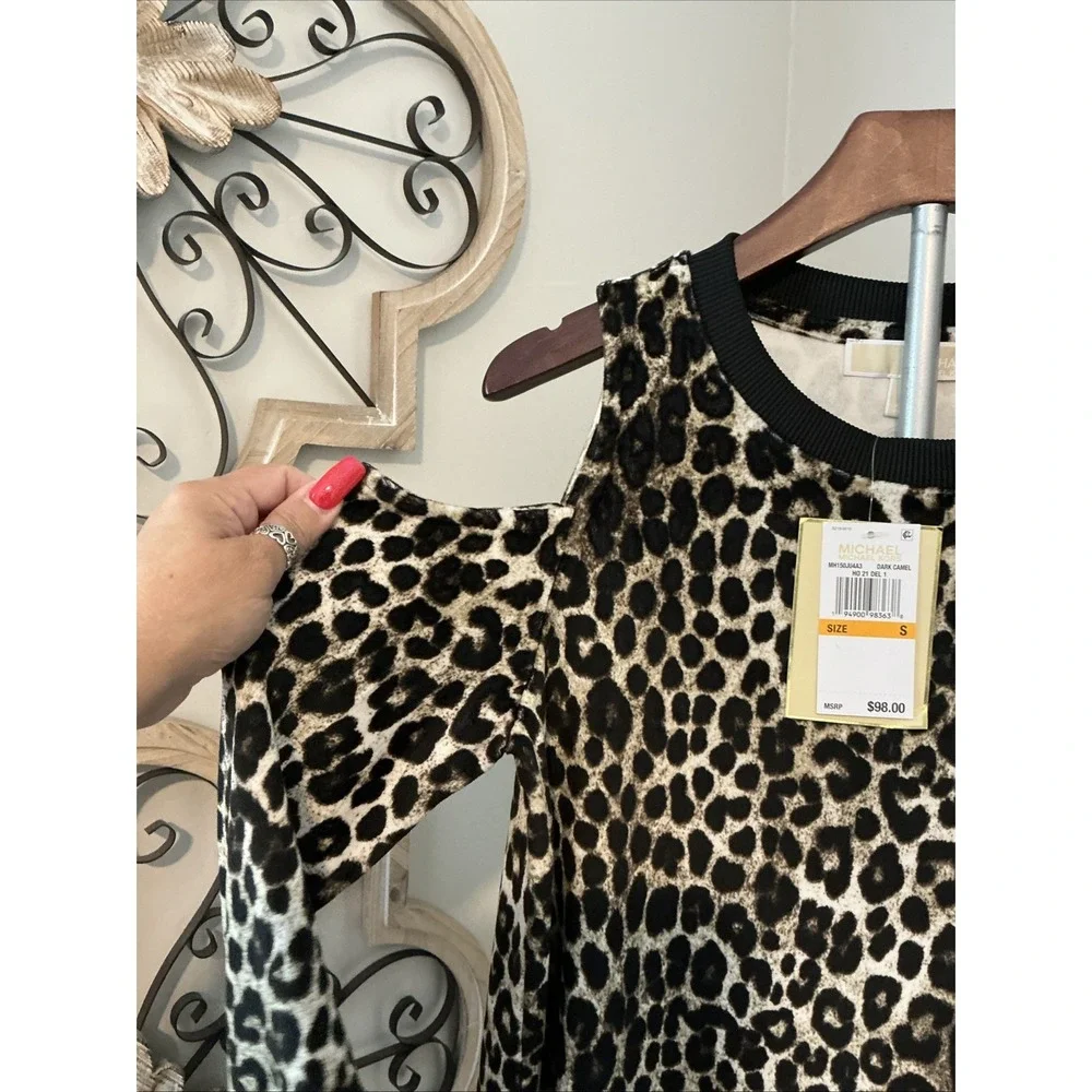 Michael Kors Women's Cold Shoulder Cheetah Print Tunic‎ Sz S $98
